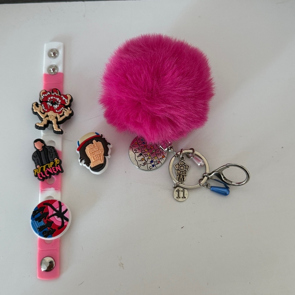 Pink Furry Pom Pom Keychain with Charms